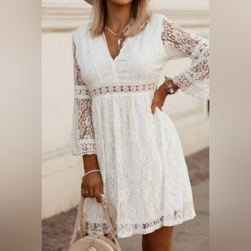 LAST ONE! Boho White Lace V Neck Mini Dress